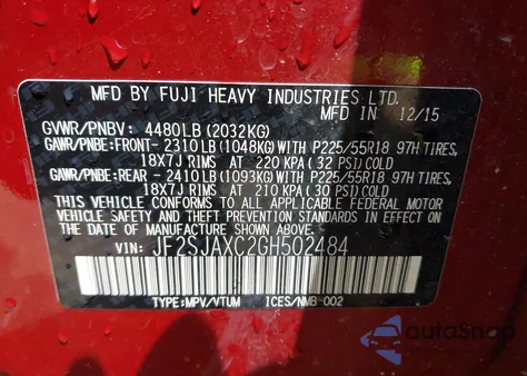 2016 Subaru Forester 2.5I Touring from USA, damaged, VIN JF2SJAXC2GH502484